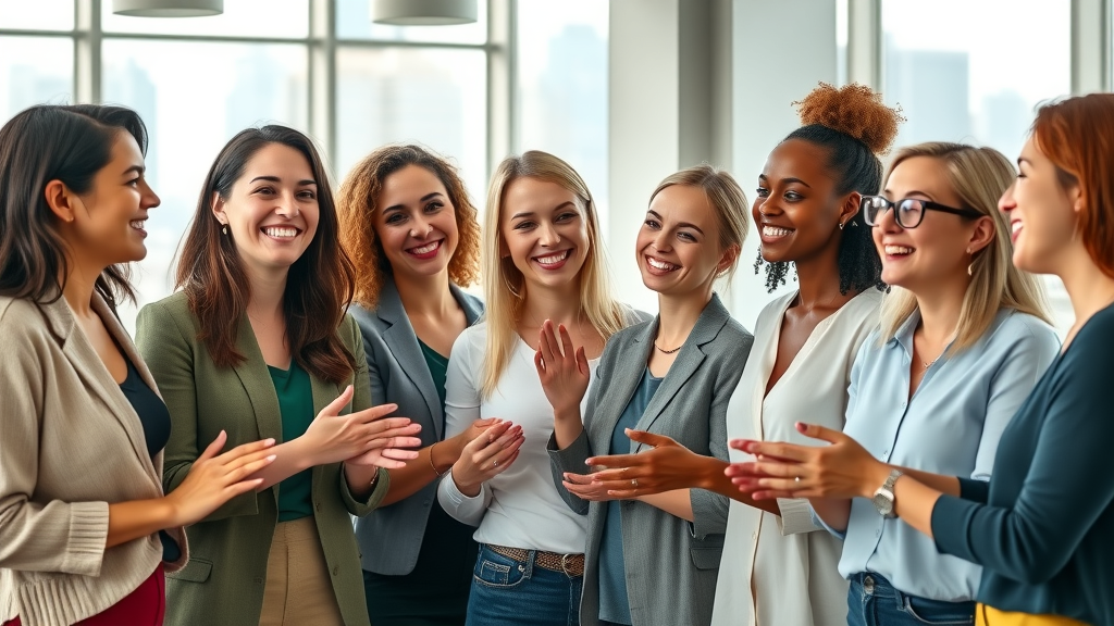 Diverse female entrepreneurs sharing genuine smiles in a modern coworking space, symbolizing self-love business success
