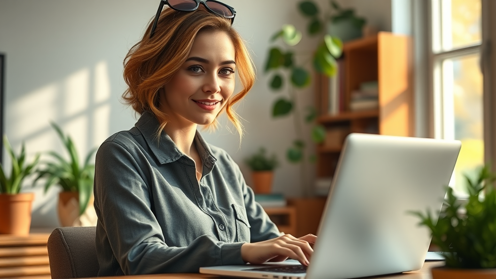 Inspirational female entrepreneur in cozy home office demonstrating self-love business success through authenticity