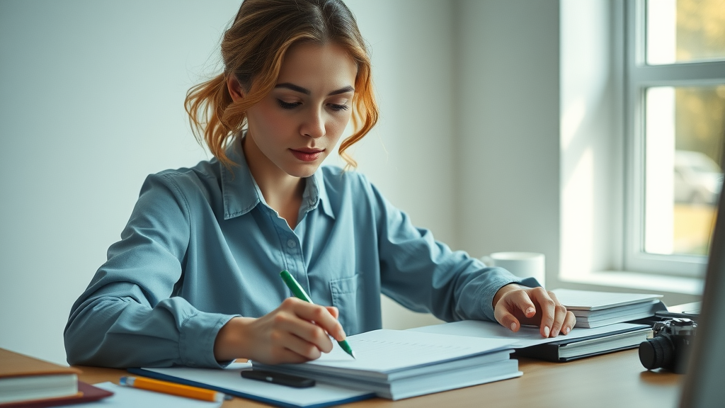 Focused female entrepreneur organizing notes symbolizing self-love business success and strategic clarity