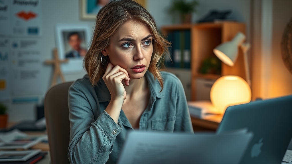 Worried female entrepreneur overwhelmed by notes illustrating pitfalls of forcing success without self-love