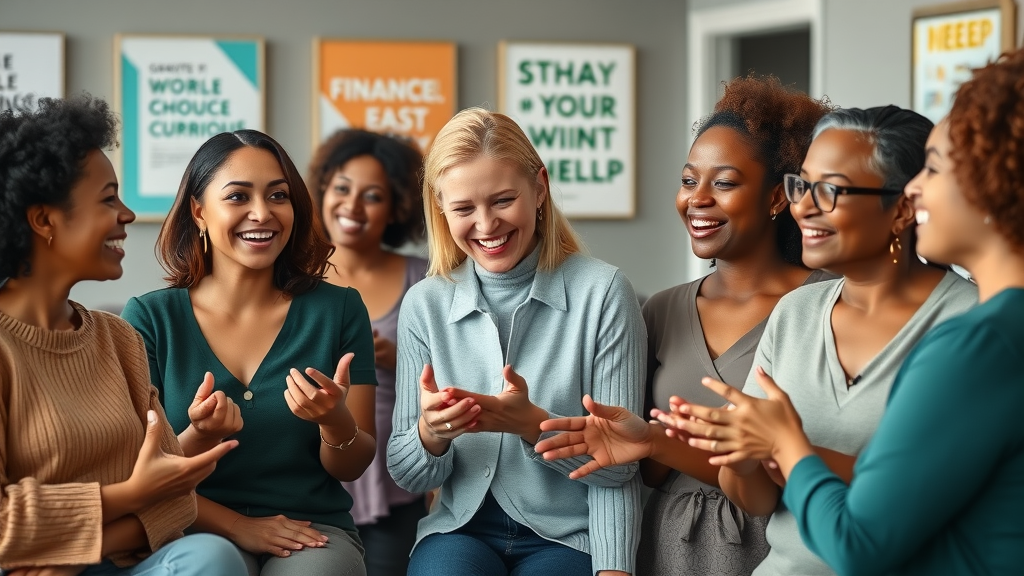 Empowered diverse group of women engaging in financial coaching for women workshop, smiling and learning together