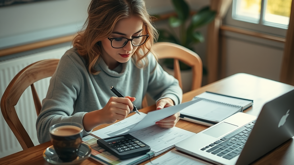 Focused woman practicing money management techniques during financial coaching for women, calculating and budgeting