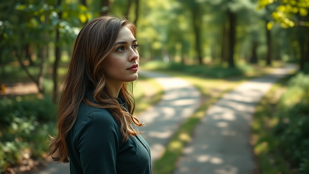 Reflective woman contemplating trust and surrender at a forest crossroads