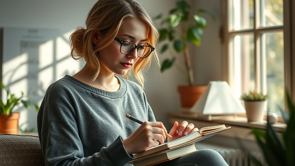Woman practicing self-trust and surrender through reflective journaling