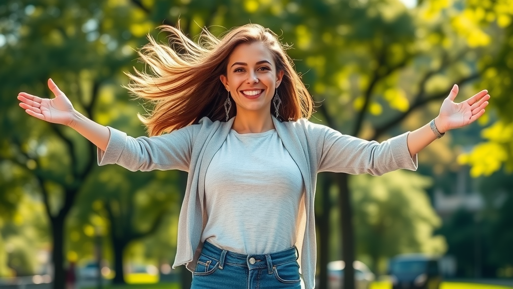 Confident woman embodying self-trust and surrender outdoors in vibrant city park