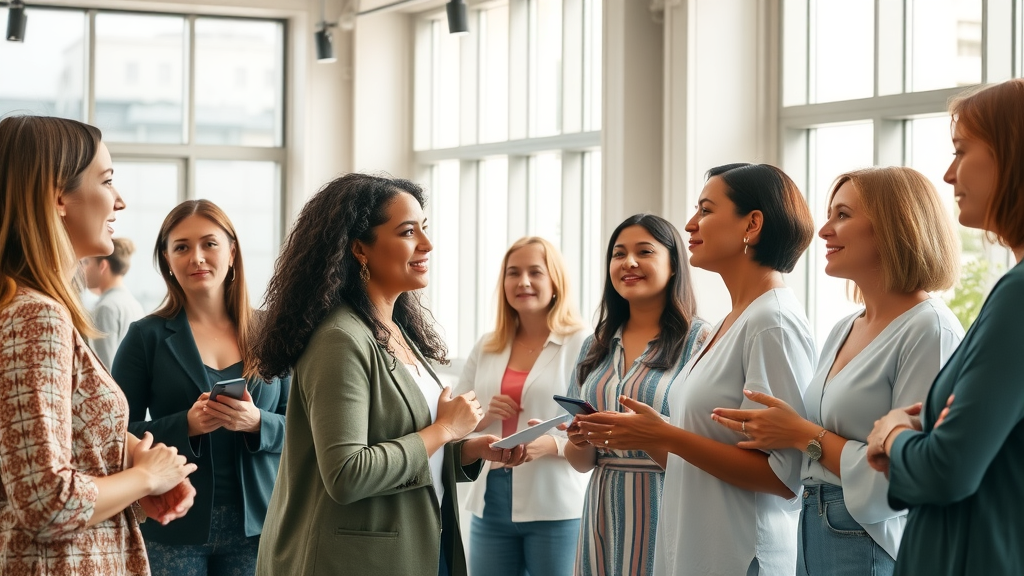 Women spiritual business trends: diverse women spiritual entrepreneurs networking in bright event space
