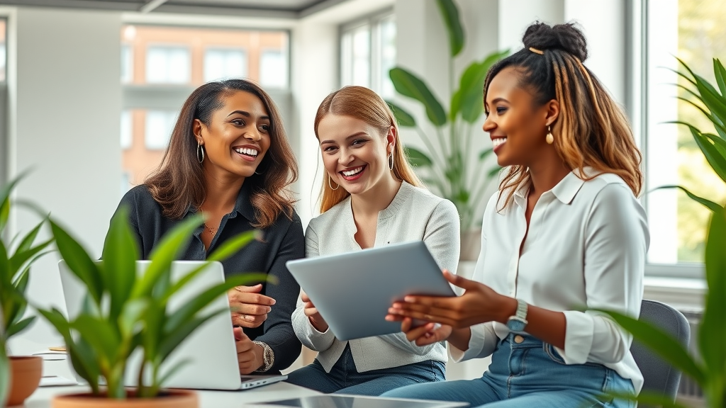 Women spiritual business trends: empowered women entrepreneurs collaborating and sharing ideas in a modern office