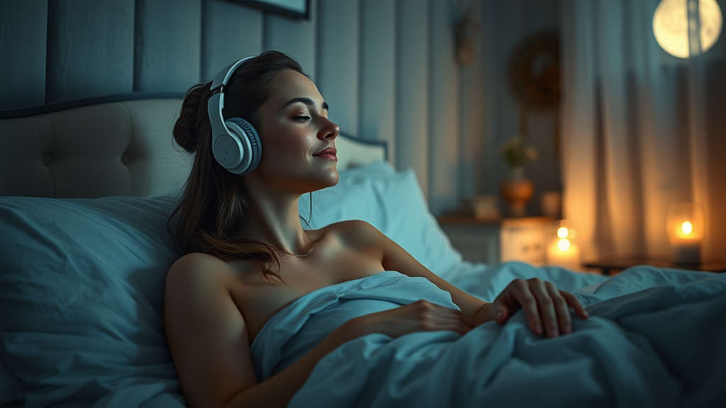 Women spiritual business trends: woman listening to affirmations in bed at night, peaceful and inspired