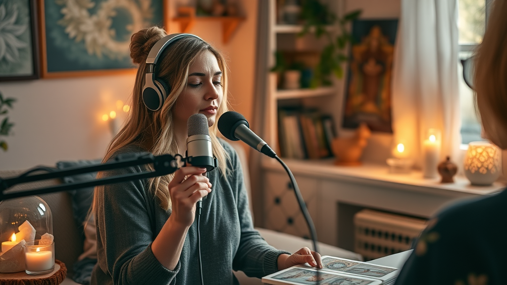 Women spiritual business trends: female spiritual entrepreneur recording a podcast at home studio surrounded by tarot cards