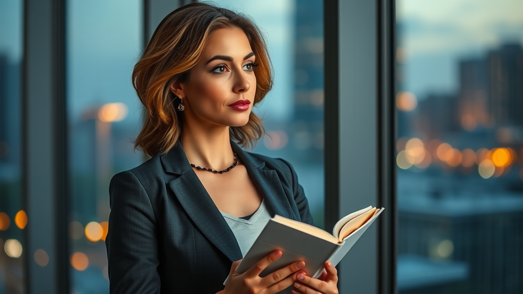 Women spiritual business trends: reflective confident woman spiritual business owner holding journal by a city window at dusk