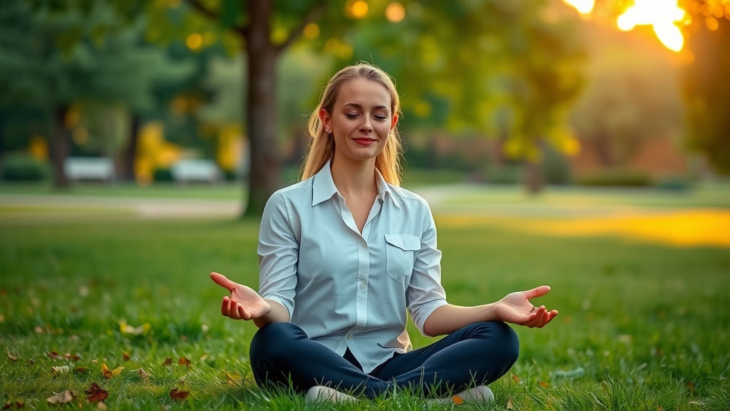 Serene businesswoman practicing mindfulness meditation to support mindset for wellness and business