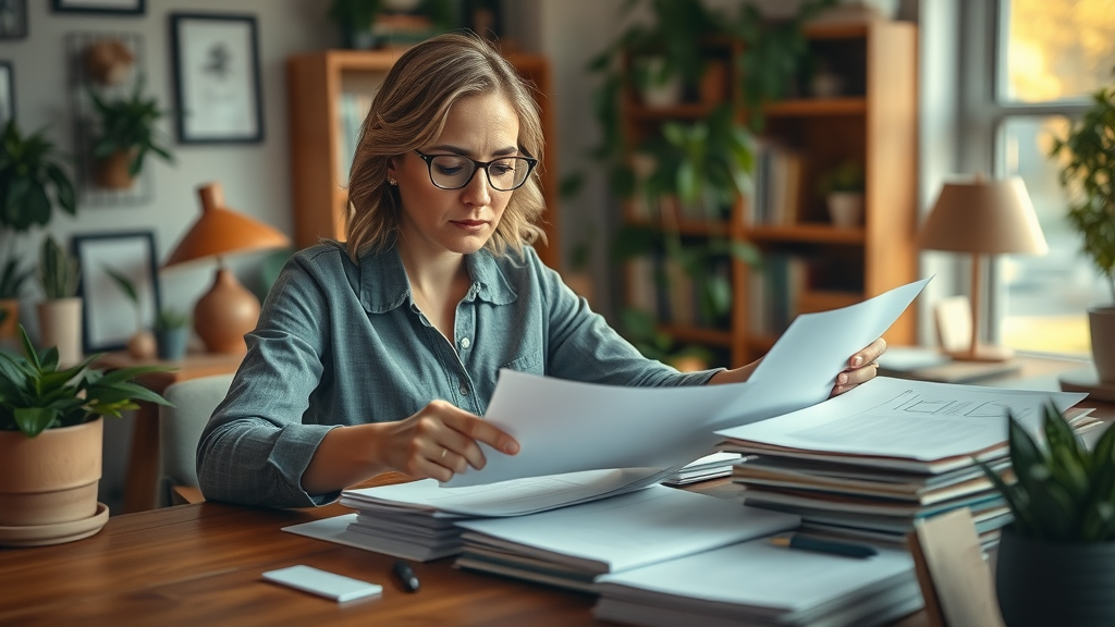Determined woman entrepreneur thoughtfully organizing legacy planning documents at cozy wooden desk symbolizing women entrepreneurship legacy