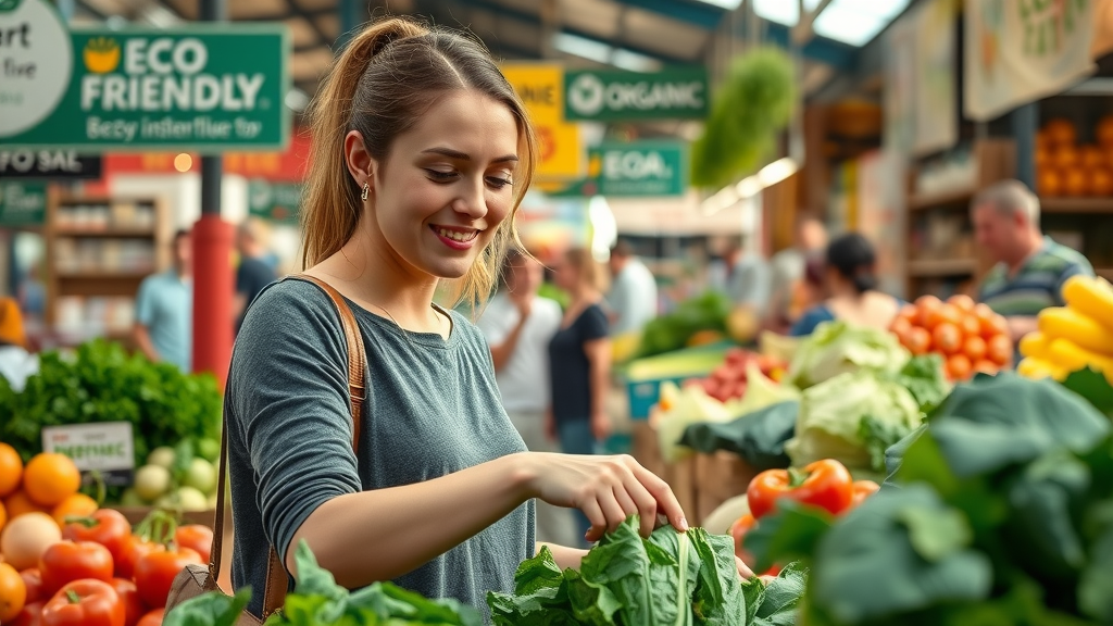 Health-conscious woman picking fresh organic vegetables at a vibrant market, exemplifying green living expert insights
