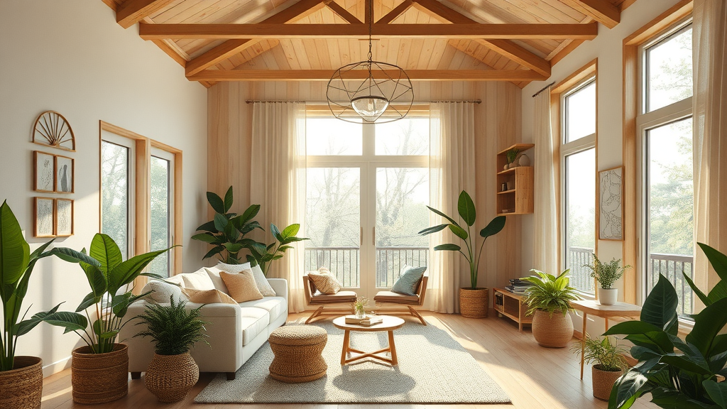 Bright and airy modern sustainable home interior featuring natural materials and plants, showcasing green living expert insights
