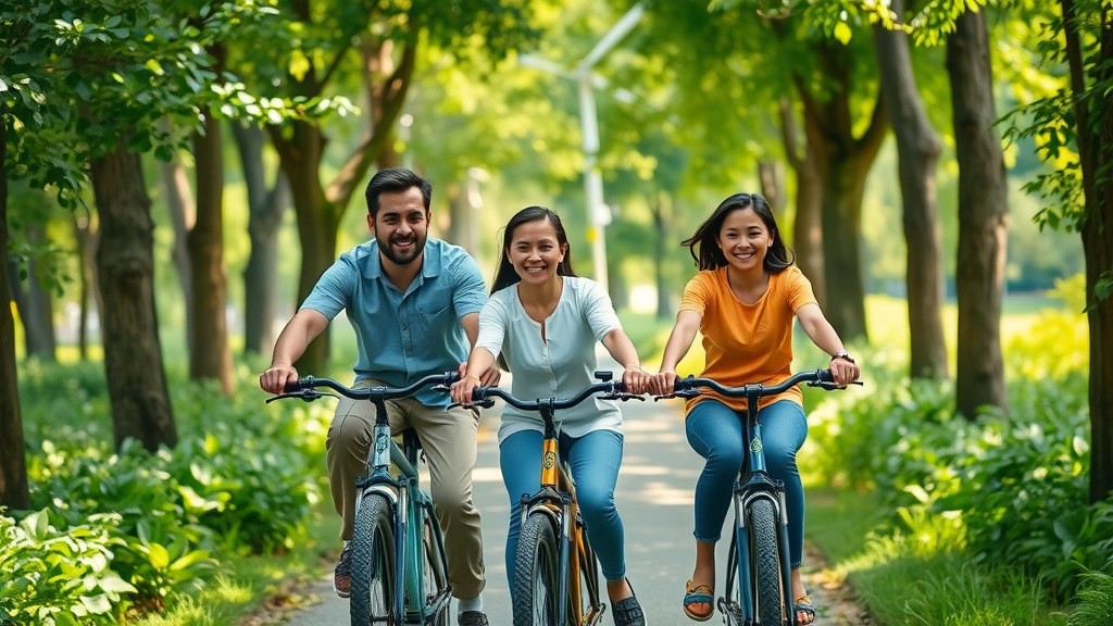 Eco-conscious family cycling joyfully on a tree-lined path, symbolizing sustainable living and reduced carbon footprint