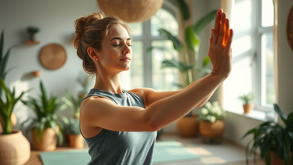 Woman practicing yoga and meditation in a serene wellness space filled with natural light and greenery, exemplifying holistic health and green living expert insights