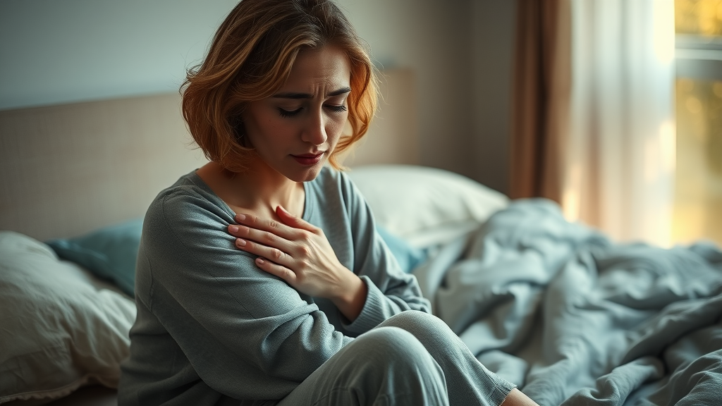 Tearful woman sitting on bed, vulnerable and comforted, expressing the hurt partner