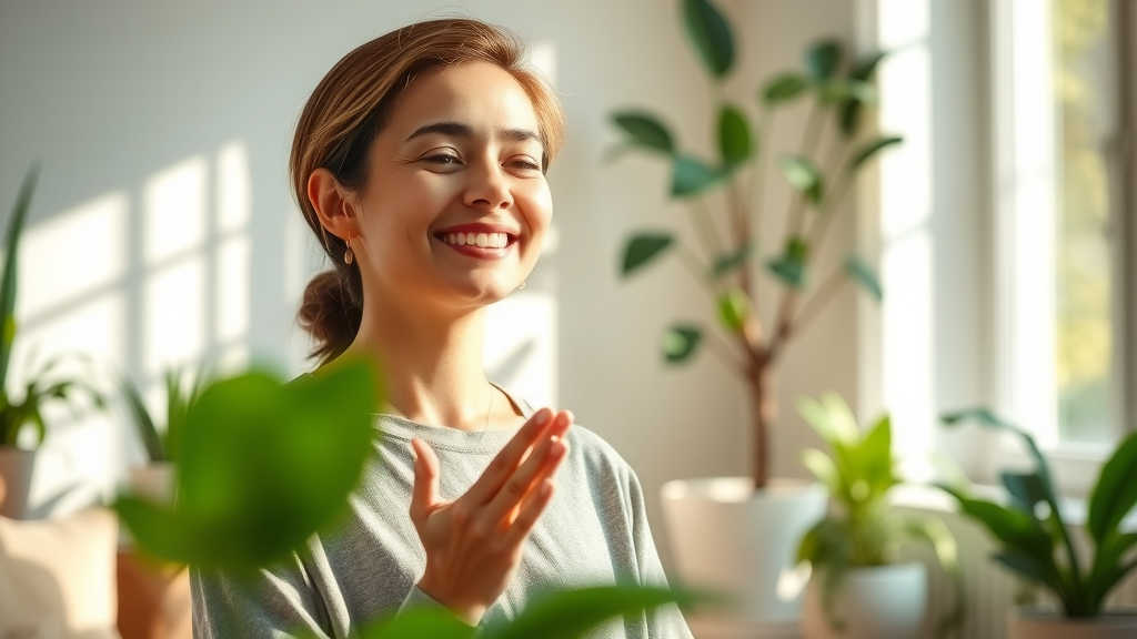Hopeful woman smiling gently during mindfulness exercise, symbolizing rebuilding trust and presence while healing from infidelity