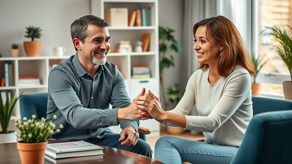 Supportive couple holding hands during therapy session, depicting the role of couples therapy in healing from infidelity