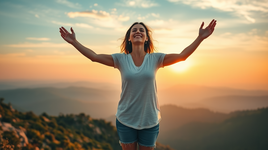 Inspired woman standing on mountain overlook embracing future, symbolizing empowerment after healing from infidelity