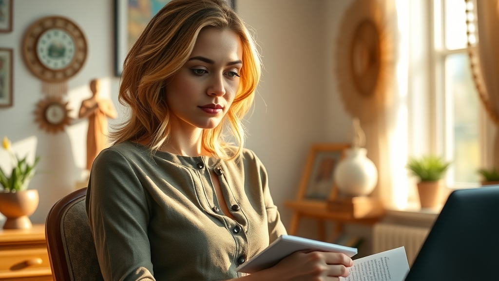 Spiritual coaching for women entrepreneurs: confident woman in cozy office journaling in morning light