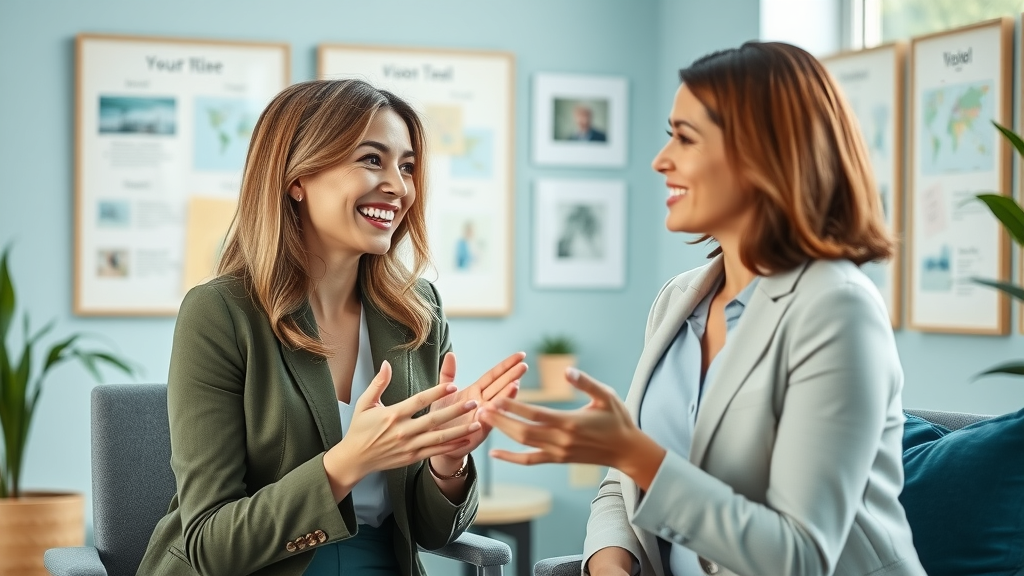 Woman entrepreneur in supportive one-on-one coaching conversation to unlock growth