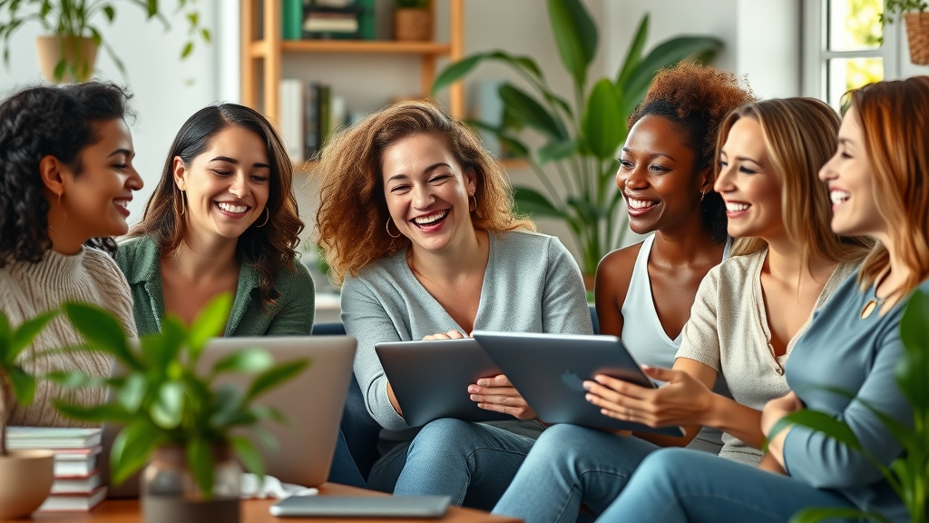 Diverse group of women entrepreneurs collaborating joyfully in a creative workspace