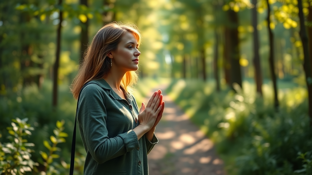 Woman entrepreneur walking in nature peacefully, practicing spiritual renewal