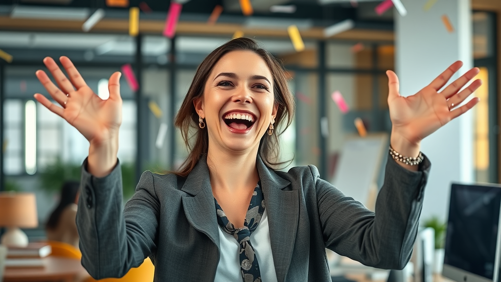 Woman entrepreneur joyfully celebrating success with raised hands in a modern workspace