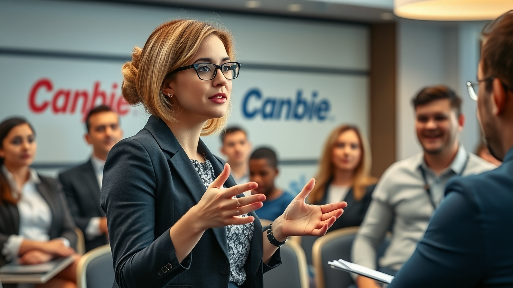 Businesswoman building five-star reputation by presenting at a franchise consulting seminar