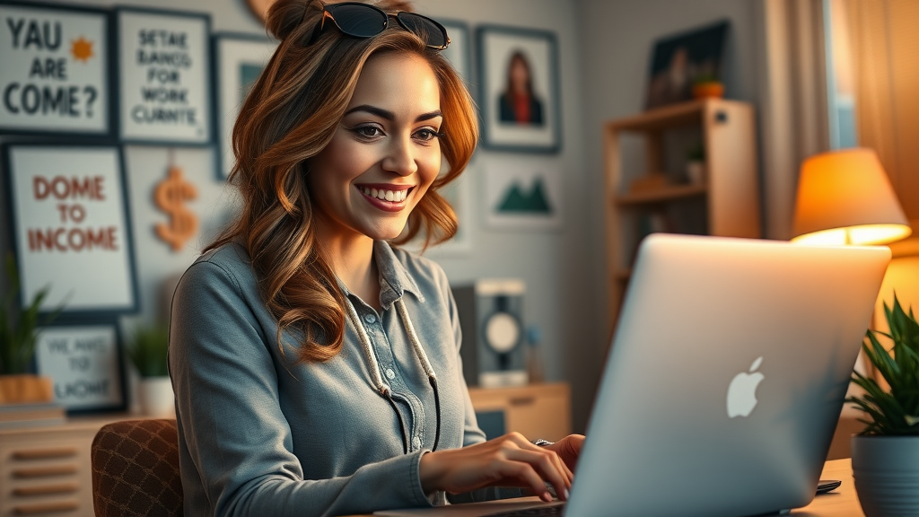 Successful female entrepreneur proudly reviewing digital income streams on laptop in a vibrant home office