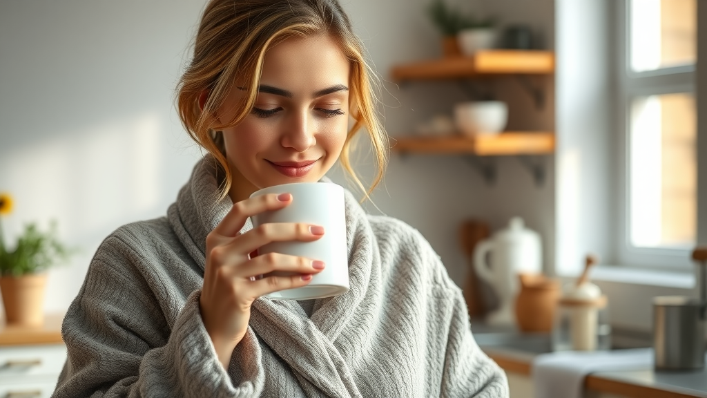 Woman enjoying morning coffee ritual in cozy robe, serene expression, bright kitchen setting