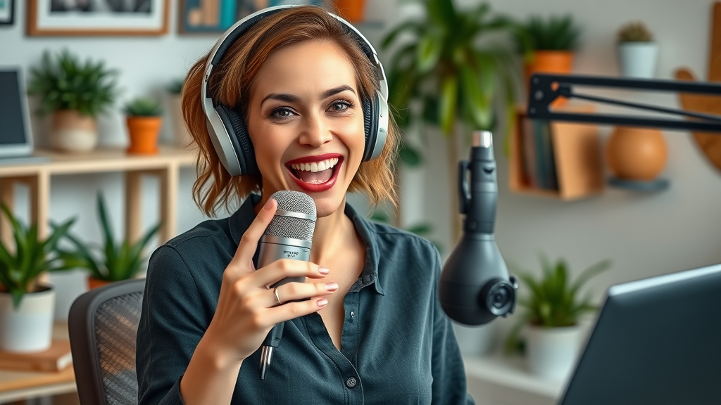 Self-assured woman entrepreneur recording a podcast at home with enthusiastic expression and creative backdrop