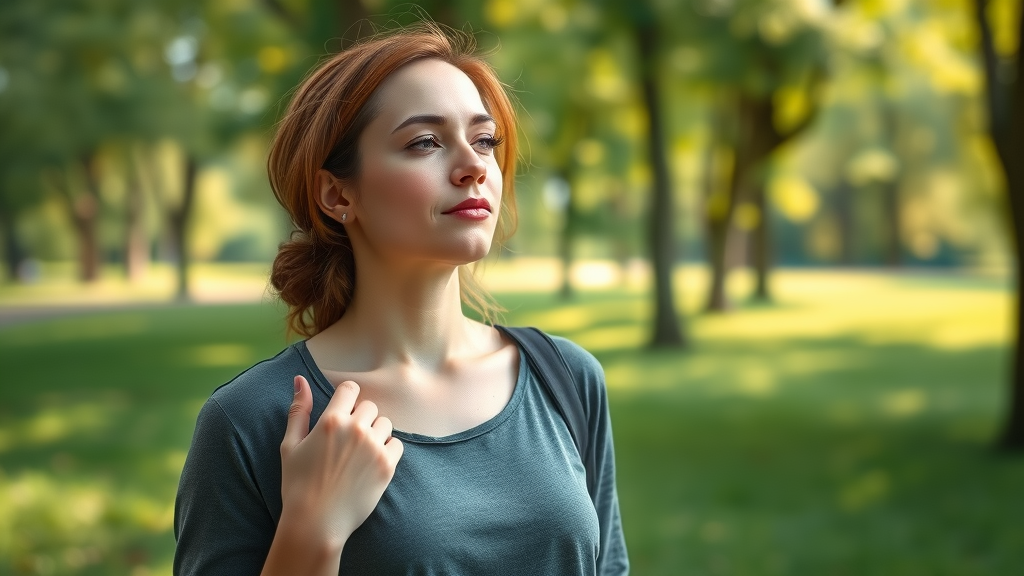Relaxed woman outdoors on a meditative walk through nature with thoughtful expression