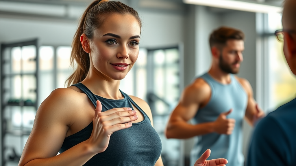 Authenticity in fitness business shown by a confident female personal trainer coaching clients in a modern gym