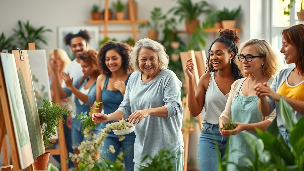 Vibrant group of diverse women engaging in painting, dancing, and gardening, representing the benefits of pursuing passions and hobbies