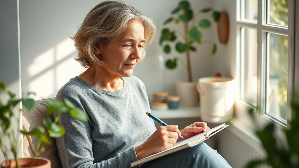 Thoughtful middle-aged woman journaling and sketching peacefully, symbolizing how pursuing passions and hobbies fuels happiness and wellness for women