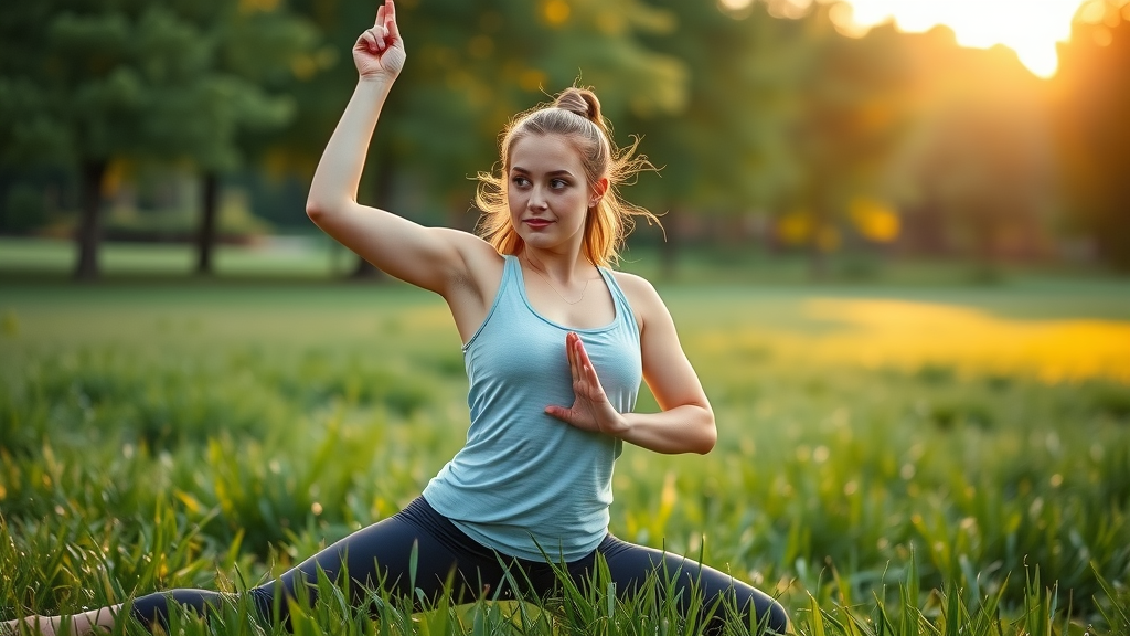 Energetic young woman practicing yoga in the park at sunrise, demonstrating the physical wellness benefits of pursuing passions and hobbies