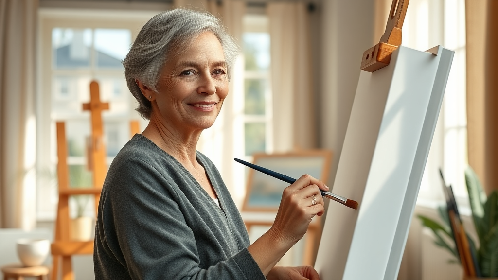 Mature woman painting at an easel in her sunlit home studio, illustrating how passions and hobbies transform women