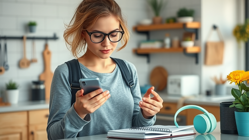 Busy multitasking woman scheduling time for art and fitness in her modern kitchen, highlighting how women can find time for pursuing passions and hobbies and achieve balance