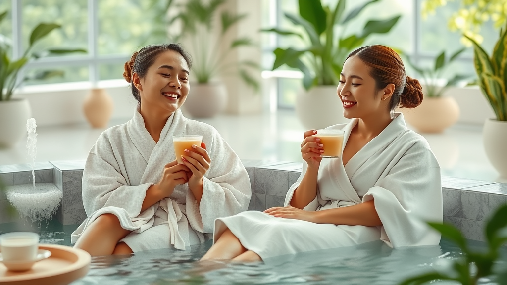 Serene women enjoying spas and wellness for joyfulness in a modern, tranquil spa environment with greenery and soothing water features