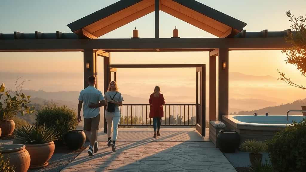 Stunning sunrise at Loma de Vida spa, guests arriving for a transformative wellness retreat