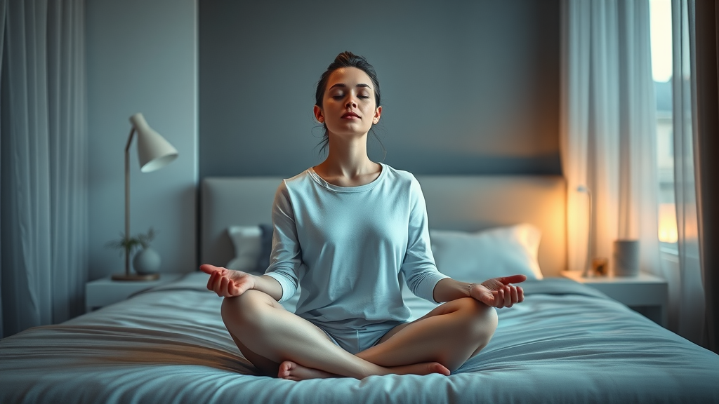 Modern woman meditating before bedtime, supporting sleep and wellness by practicing mindfulness