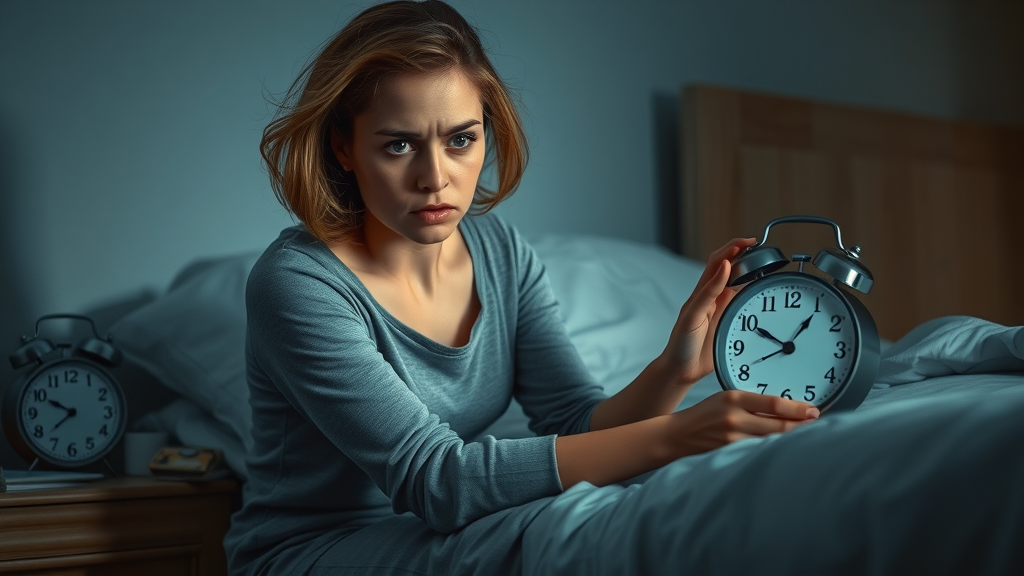 Concerned woman with sleep problem, looking at clock, symbolizing sleep disorder awareness