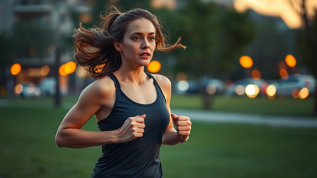 Active woman running in the evening, symbolizing the impact of lifestyle on sleep and wellness