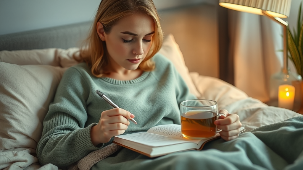 Peaceful woman journaling with herbal tea to treat sleep problems and boost wellness