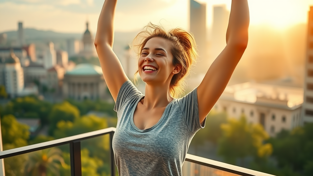 Vibrant healthy woman stretching at sunrise, feeling recharged from focusing on sleep and wellness