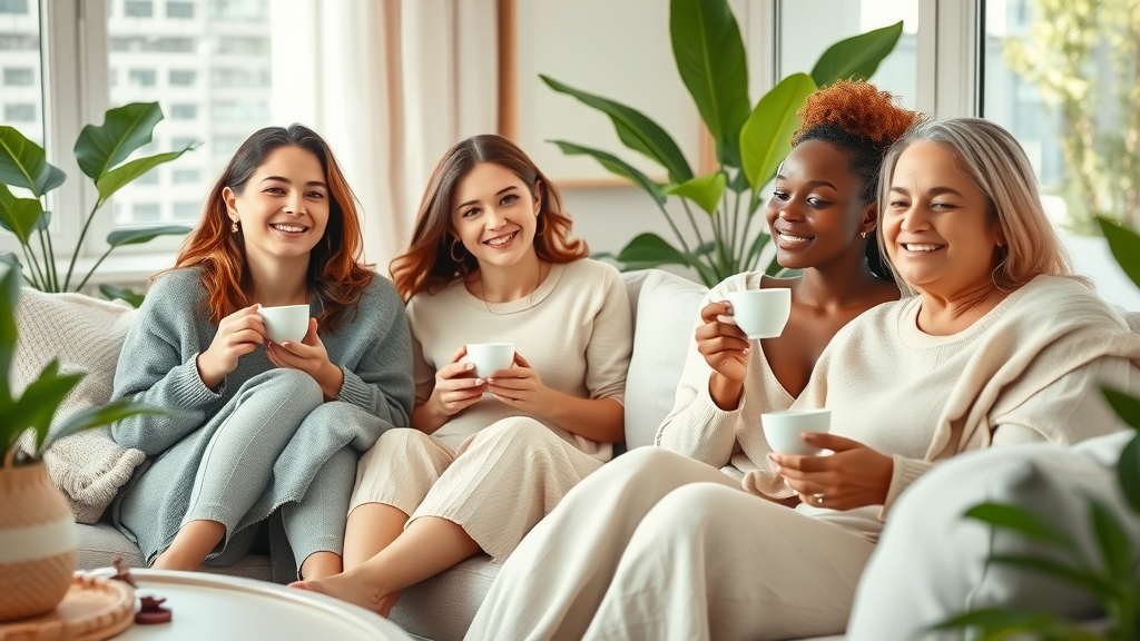 Diverse group of women enjoying self-care rituals in a cozy living room, illustrating the practice of self-care and mental health support for women
