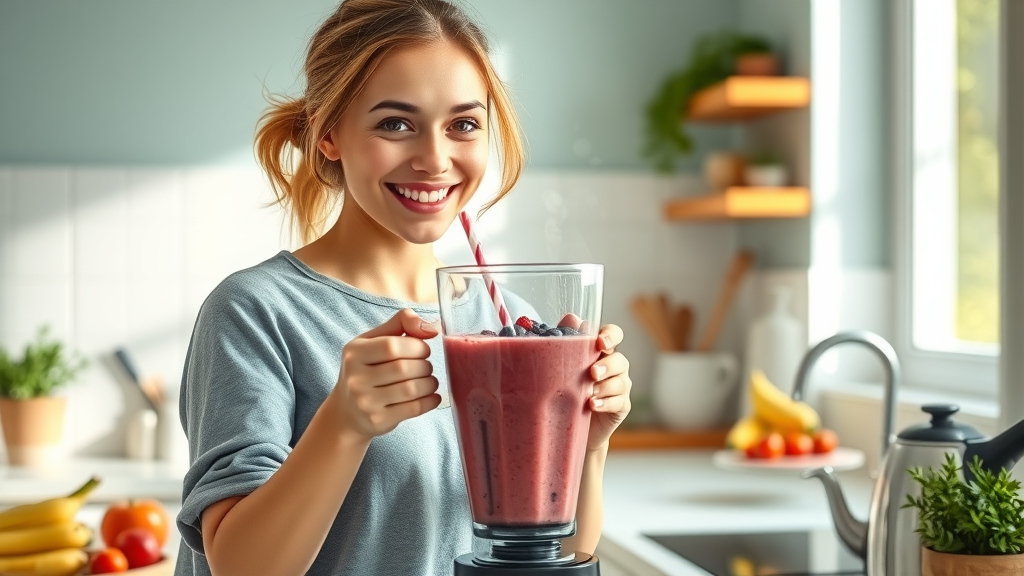 Young woman making a healthy smoothie as a self-care practice for women