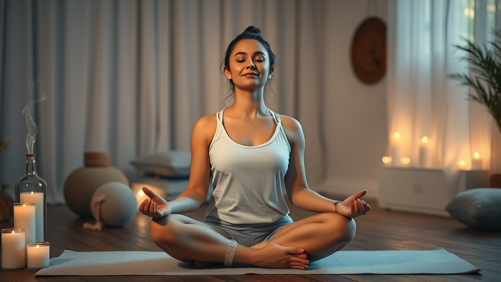Peaceful evening of a woman meditating to promote self-care and mental health for women